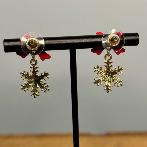 Red Bow Snowflake Christmas Earrings Sterling Silver Sparkle Rhinestone - Picture 2 of 2